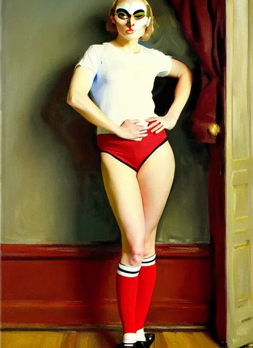 Image similar to oil painting of annasophia robb in a learning uniform, looking furious, startled, stockings, looking seductively attire by John Singer Sargent, Bryan Lee O'Malley, Edward Hopper