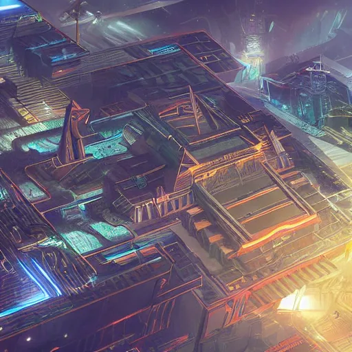 Image similar to a scene of the beautiful intricate epic futuristic pharaoh city with a cyber sphinx, a clearly hovering cyber pyramid, hyper detailed, cinematic lighting