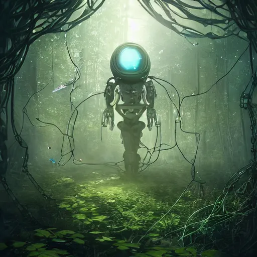 Prompt: large mechanical creature with robotic parts and glowing eyes in ethereal forest with vines hanging from the trees, glowing fireflies scattered, desaturated, mystical, sharp focus, highly detailed, artgerm, cgsociety