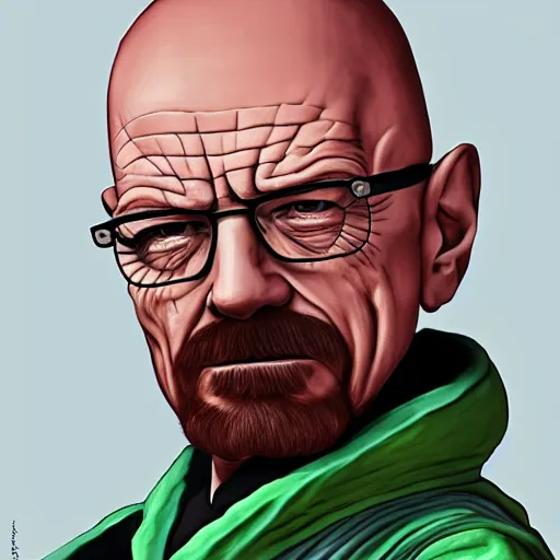 Image similar to Walter white as Yoda, punk rock, retro futuristic, featured on artstation, full body portrait