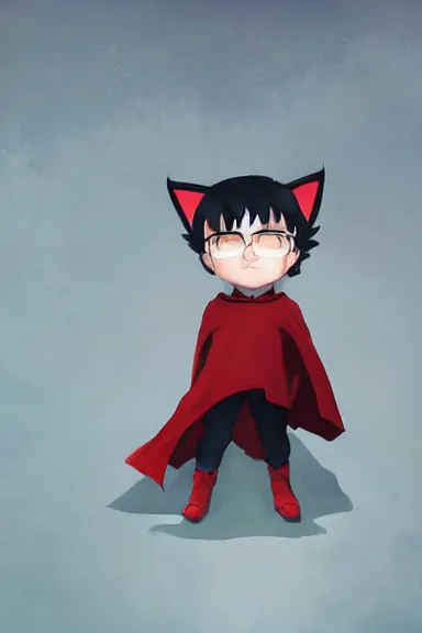 Image similar to little boy with cat ears in an black outfit with red cape. digital artwork made by lois van baarle and kentaro miura and marc simonetti, sharpness focus, inspired by hirohiko araki, anatomically correct, heroic composition, hero pose, smooth