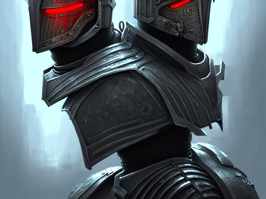 Image similar to portrait of a cyberpunk armoured knight, intricate, highly detailed, digital painting, artstation, concept art, smooth and sharp focus