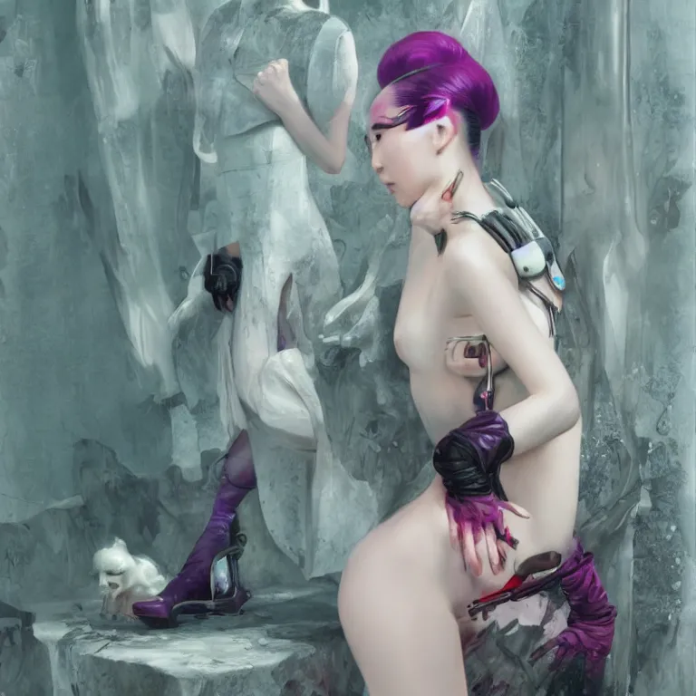 Image similar to sensual chinese domme, cyberpunk fashion, porcelain skin, vogue, james gurney, wayne barlowe, 4 k