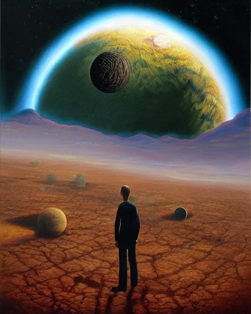 Image similar to a painting of a man standing in front of a planet, a detailed matte painting by david a. hardy and by david a hardy and by clyde caldwell, featured on deviantart, space art, sci - fi, dystopian art, matte painting