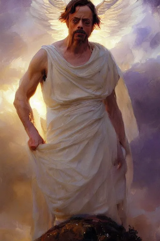 Image similar to beautiful detailed expressive impressionistic oil painting portrait of ancient roman god emperor steve buscemi levitating in angelic pose wearing the civic crown, art by anders zorn, wonderful masterpiece by greg rutkowski, expressive brush strokes, beautiful cinematic light, american romanticism by greg manchess, jessica rossier