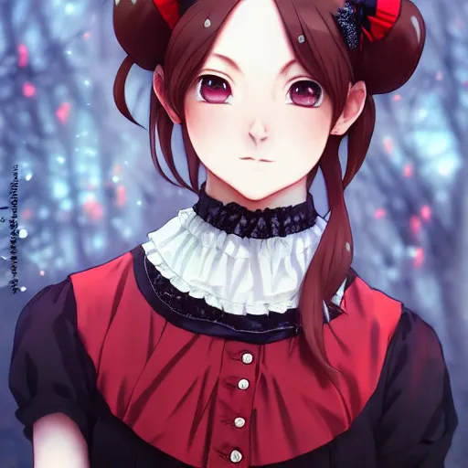 Image similar to wearing full clothing in full clothing victorian dress, beautiful anime woman, black and red hair hair, galaxy eyes, clockpunk, symmetrical face, symmetrical eyes, full round face, short smile, detailed, summer setting, cinematic lighting, medium shot, mid - shot, makoto shinkai, artgerm, ilya kuvshinov, loish