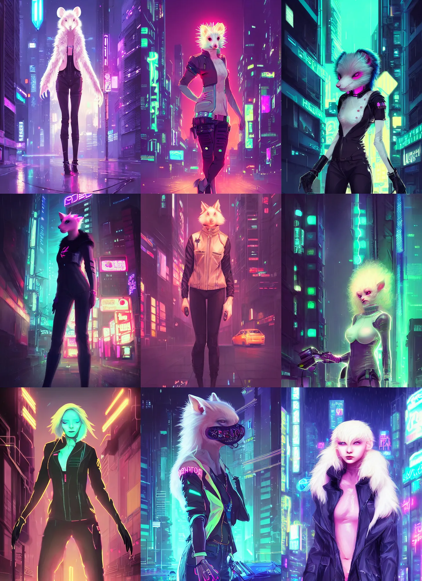 Prompt: beautiful portrait commission of a female furry anthro albino mouse wearing cyberpunk clothes. cyberpunk city at night in the rain. neon light. atmospheric. character design by charlie bowater, ross tran, artgerm, and makoto shinkai, detailed, inked, western comic book art