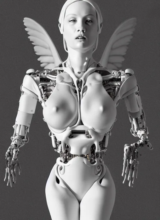 Prompt: a bloody statue made of white marble, of an gorgeous futuristic cybernetic angel girl, prostheses, transhumanism, full body shot, perfect symmetrical body, perfect symmetrical face, hyper realistic, hyper detailed, by quentin tarantino by johannen voss, by michelangelo, octane render, blender, 8 k