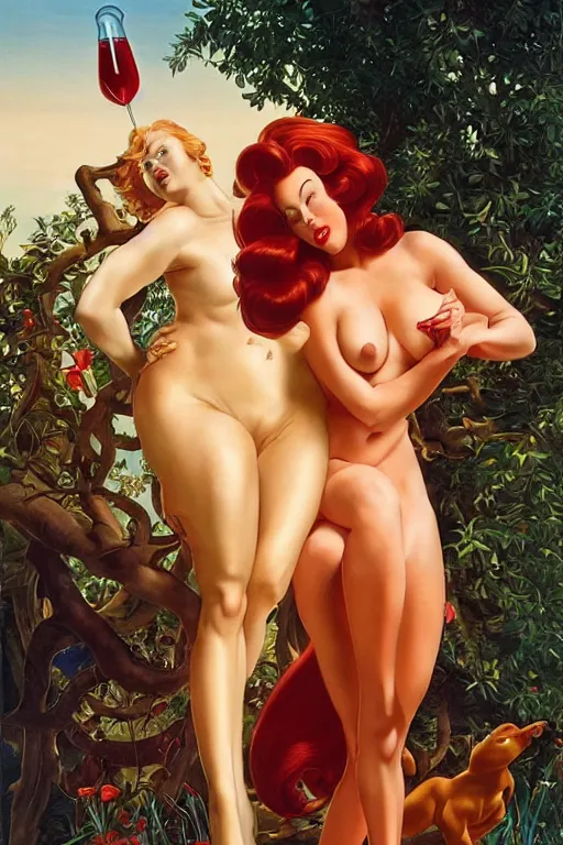 Image similar to Jessica Rabbit under the tree of knowledge, golden hour, in the garden of Eden, spraying milk, artstation, by J. C. Leyendecker and Peter Paul Rubens,