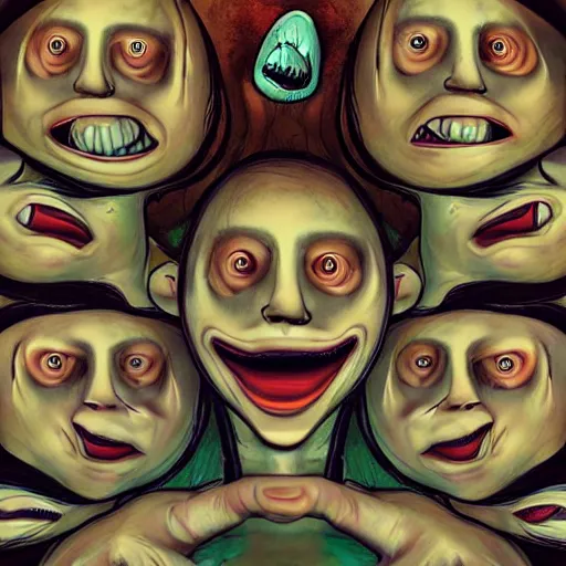 Image similar to a group of people with creepy faces and mouths, an album cover by arent arentsz, featured on deviantart, computer art, grotesque, fisheye lens, creepypasta