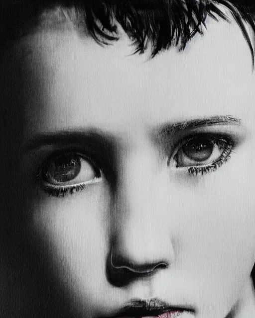 Prompt: close up portrait of millie bobby brown by yoji shinkawa, black and white