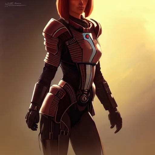 Prompt: portrait of a female Commander Shepard from Mass Effect, D&D, fantasy, intricate, elegant, highly detailed, digital painting, artstation, concept art, matte, sharp focus, illustration, art by Artgerm and Greg Rutkowski and Alphonse Mucha