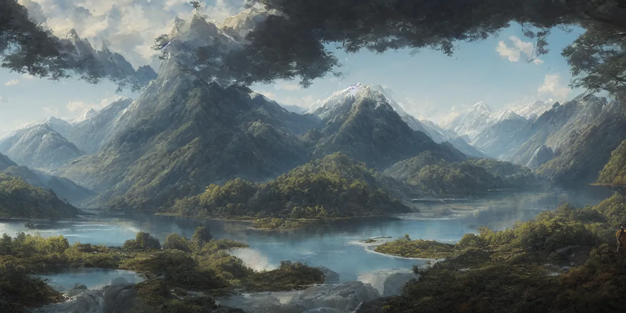 Image similar to a beautiful painting of a scene about a panorama of rivers and mountains, by james jean and yuumei and wang ximeng, trending on artstation., ultrawide viewn and highly detailed matte painting