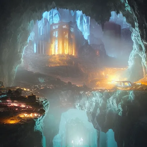 Image similar to “realistic image of city in a giant underground cave, bioluminescence, mushrooms, crystals, roots, Artstation HQ, photorealistic, hiperrealistic, 4k UHD, Unreal Engine 5”