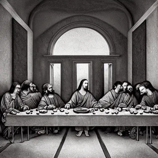 Image similar to Award Winning Editorial Masterpiece picture of a new York Soup Kitchen by David Bailey CBE, Composition The Last Supper daVinci