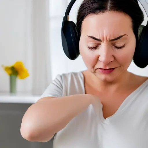 Prompt: woman on pyjamas singing with headphones on, eyes closed, and hugging cleaning products, high detail, shallow depth, kitchen background
