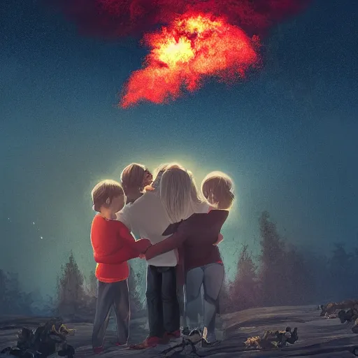 Image similar to A family hugging each other for the last time as the world is ending, meteors are falling from the sky, everything is on fire, dramatic lighting, digital art, very beautiful, 8K, dark lighting, trending on Artstation, award winning