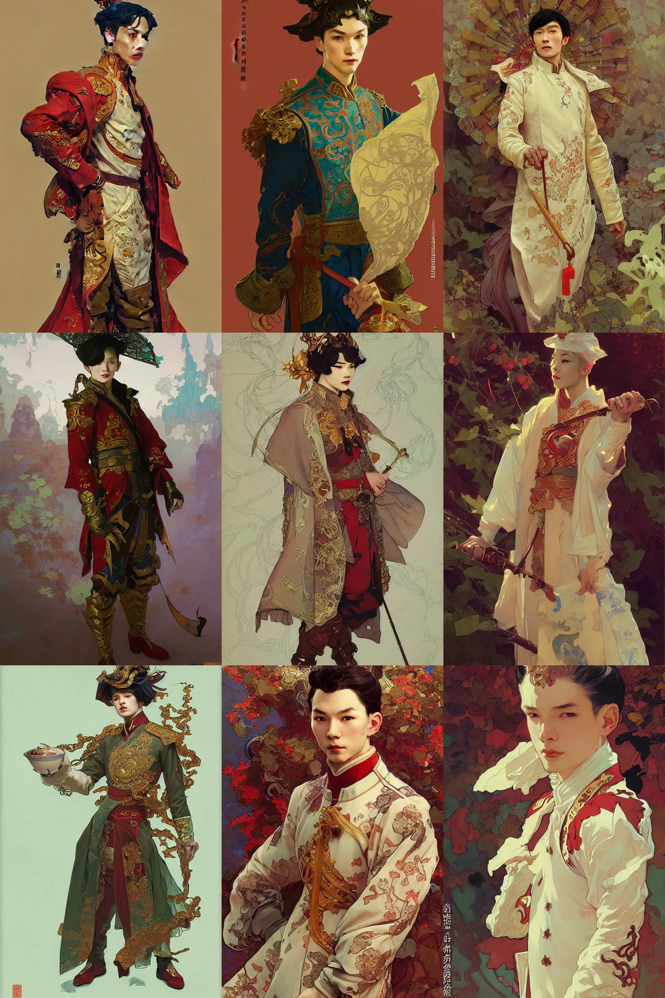 Prompt: young male, russian costume, chinese costume, fantasy, smooth, art by joseph leyendecker, peter mohrbacher, ruan jia, marc simonetti, ayami kojima, cedric peyravernay, alphonse mucha, victo ngai