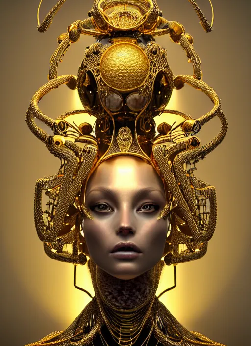 Image similar to three dimensional blueprints for an absurdly beautiful, graceful, sophisticated, fashionable futuristic female golden robot, hyperdetailed illustration by irakli nadar and alexandre ferra, intricate linework, faberge, intricate gold headdress, dark atmosphere, unreal engine 5 highly rendered, global illumination, radiant light, detailed and intricate environment