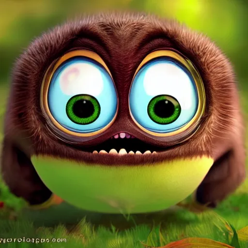 Image similar to a cute little monster with big eyes, portrait, pixar style, forest background, cinematic lighting, award winning creature portrait photography