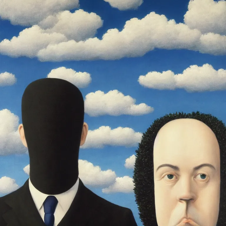 Image similar to portrait of a faceless masked - head man in a suit and black gloves, clouds and nature landscape in the background, by rene magritte, detailed painting, distance, centered, hd, hq, high resolution, high detail, 4 k, 8 k