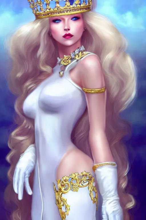 Image similar to Beautiful Queen!!, white long hair, sky blue eyes, tight white silk dress, white long gloves, bear foot, crown made of gold and diamonds, intricate, fantasy, elegant, artstation, hard focus vivid colours