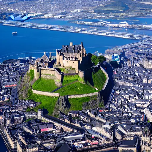 Prompt: aerial photo of submerged underwater edinburgh castle surrounded by seas with seas in the background