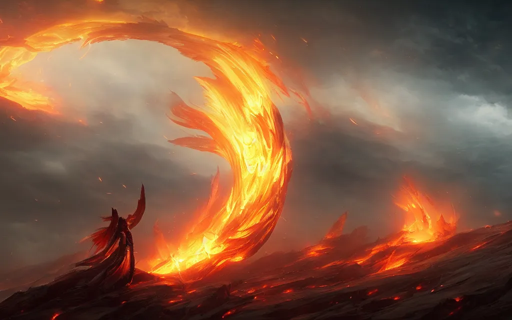 Prompt: flame vortex, phoenix, epic, immortality, divine, epic, shocking atmosphere, cinematic compositionsea, cloud, by greg rutkowski and richard lay, in volumetric lighting, trending on artstation, hd