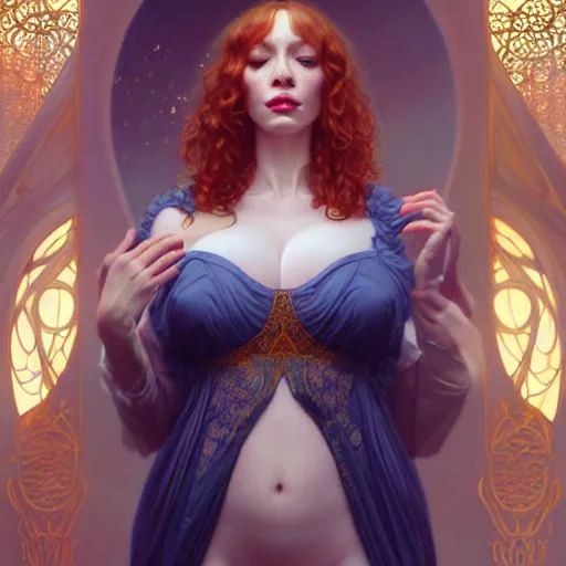 Image similar to christina hendricks wearing a white periwinkle, sci fi, glowing eyes, volumetric lights, gold theme, art nouveau botanicals, intricate, highly detailed, digital painting, artstation, concept art, smooth, sharp focus, cinematic, illustration, beautiful face, art by artgerm and greg rutkowski and alphonse mucha