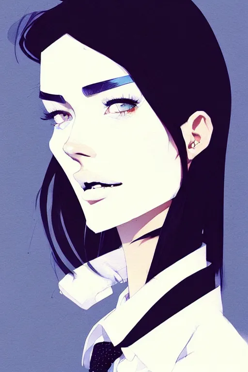 Image similar to a ultradetailed beautiful panting of a stylish woman, she is wearing a white shirt with a tie and black pants, by conrad roset, greg rutkowski and makoto shinkai trending on artstation