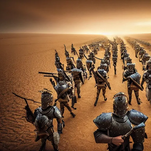 Prompt: An army of warriors in full armor marching through a desert, Battle scene, distant shot, sandy colors, intense, 15mm lens, by Michael Kutsche and Gerhard Marks