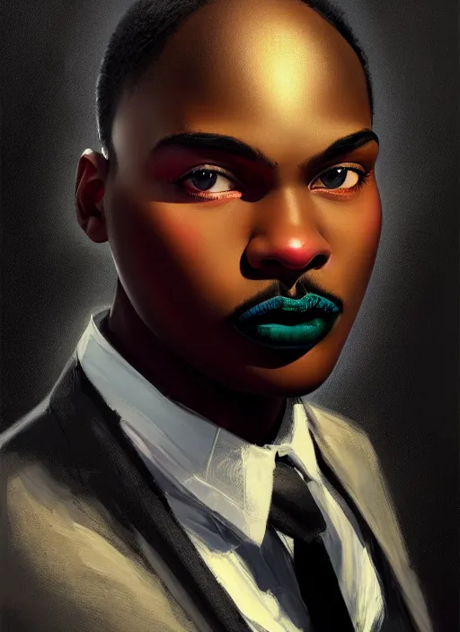 Image similar to portrait of a wide faced black man with a crooked nose and a confident expression, 1 9 6 0 s, black clothes, goth, punk, brightly coloured hair, funk, intricate, elegant, highly detailed, digital painting, artstation, concept art, smooth, sharp focus, illustration, art by wlop, mars ravelo and greg rutkowski