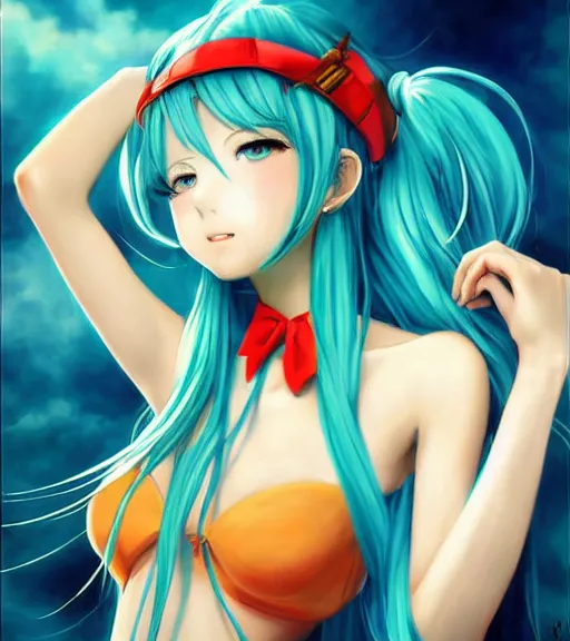 Image similar to Anime art very beautiful Hatsune miku by rossdraws, Gil Elvgren, Vladimir Volegov, Earl Moran, Enoch Bolles, symmetrical shoulders