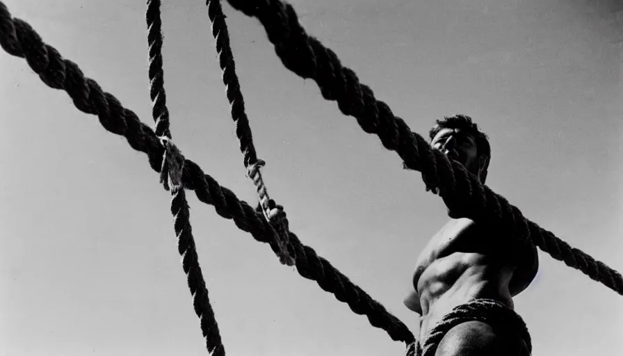 Image similar to 1 9 6 0 s movie still close - up of marcus atilius regulus tied with ropes at pole in direction of the burning sun with blood flowing down his eyes cinestill 8 0 0 t 3 5 mm b & w, high quality, heavy grain, high detail, texture, dramatic light, anamorphic, hyperrealistic, detailed hair