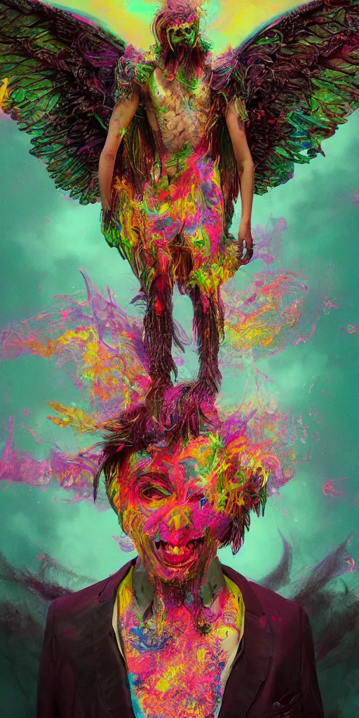 Image similar to impossibly beautiful portrait, dapper dream demon, wings, full body, bad trip, insane smile, intricate complexity, surreal horror, inverted neon rainbow drip paint, trending on art station, photoreal, 8 k, octane render by greg rutkowski