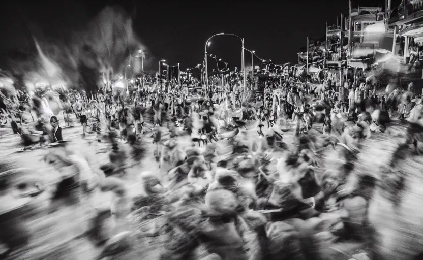 Image similar to long exposure photography of a crowd of muppets having a crazy party at the beach,