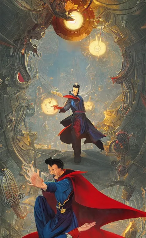 Prompt: the third first image on the scattered absurdity server, dr strange and dr seuss, very pretty, photorealistic, portal hopping and time warping with reckless abandon, by Greg rutkowski, Jacek Yerka