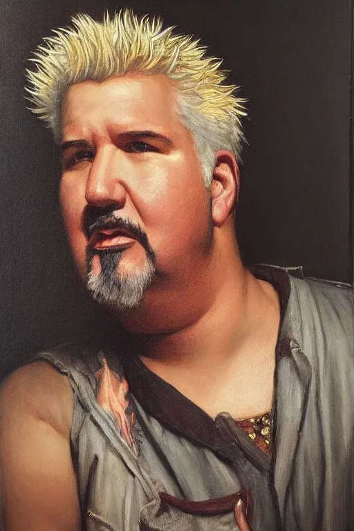 Image similar to guy fieri, orientalist intricate portrait by john william waterhouse and edwin longsden long and theodore ralli and nasreddine dinet, hyper realism, dramatic lighting