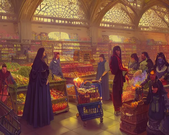 Image similar to a funeral in a supermarket, photography of kurzgesagt, deep focus, d & d, fantasy, intricate, elegant, highly detailed, digital painting, artstation, concept art, matte, sharp focus, illustration, hearthstone, art by artgerm and greg rutkowski and alphonse mucha