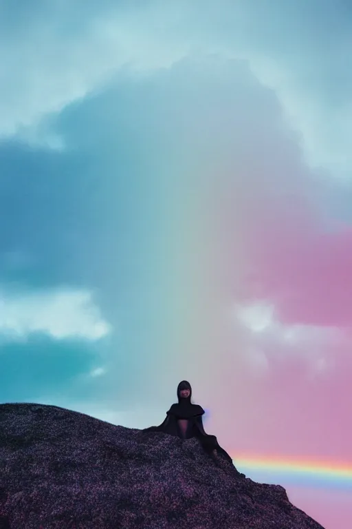 Image similar to high quality pastel coloured film close up wide angle photograph of a model wearing clothing resting on cloud furniture in a icelandic black rock environment in a partially haze filled dreamstate world. three point light, rainbow. photographic production. art directed. pastel colours. volumetric clouds. pastel gradient overlay. waves glitch artefacts. extreme facial clarity. 8 k. filmic.