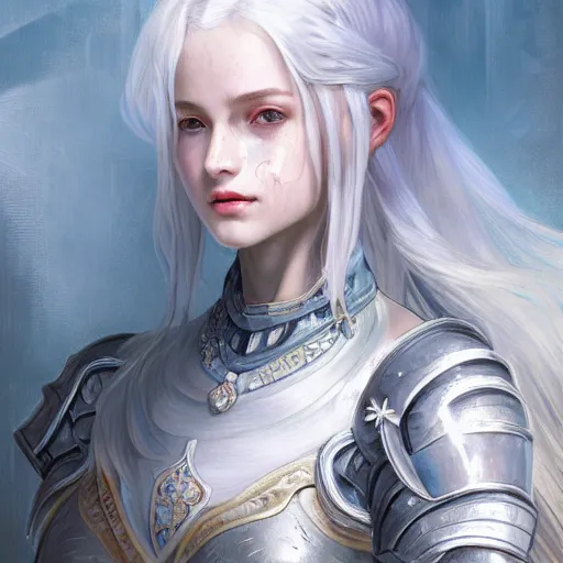 Image similar to portrait white hair knights of Zodiac girl, Sliver ice color reflected armor, in ruined Agora of Athens Sunrise, ssci-fi and fantasy, intricate and very very beautiful and elegant, highly detailed, digital painting, artstation, concept art, smooth and sharp focus, illustration, art by tian zi and WLOP and alphonse mucha