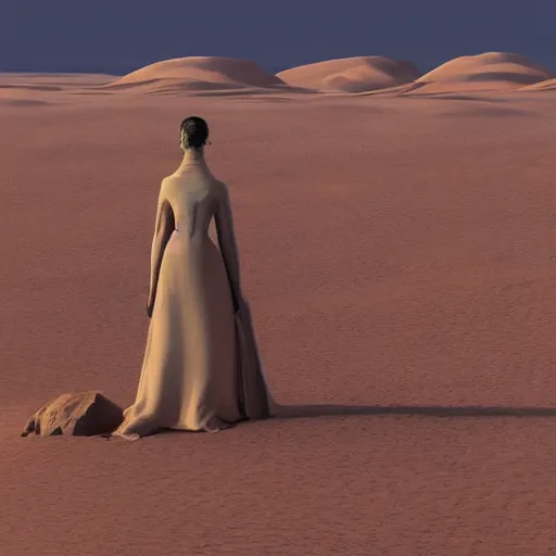 Image similar to chani from dune sitting on her bed looking down at the deserts of arrakis, 8k, photorealistic, dark