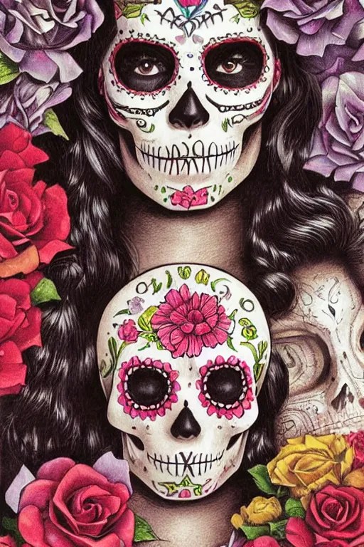 Prompt: Illustration of a sugar skull day of the dead girl, art by Ted Nasmith