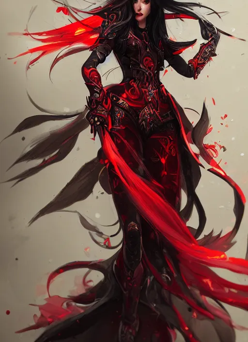 Image similar to a highly detailed illustration of elegant long black haired woman wearing red and black battle dress, heroically posing, with rainbow magic surrounding her, intricate, elegant, highly detailed, centered, digital painting, artstation, concept art, smooth, sharp focus, league of legends concept art, WLOP