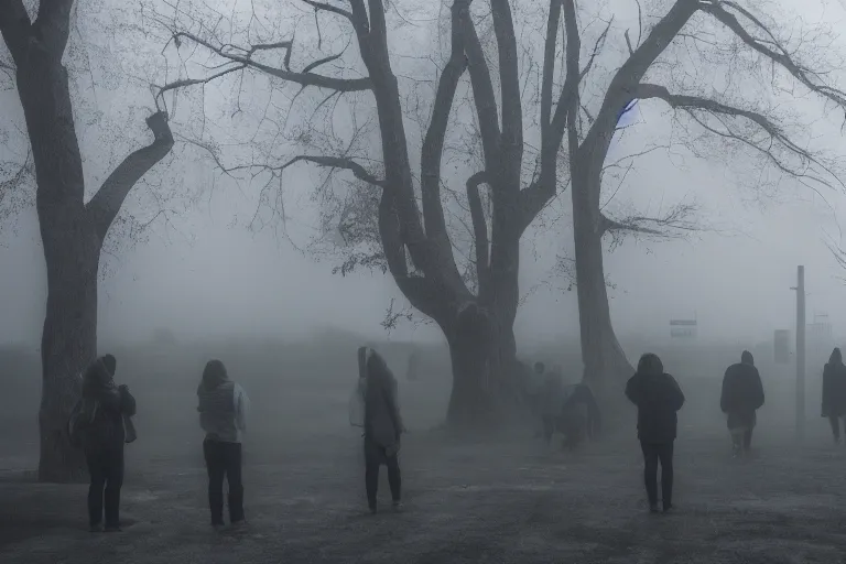 Image similar to photo of people being absorbed by the mist, eerie atmosphere, fear, mystery, dramatic, 8 k uhd