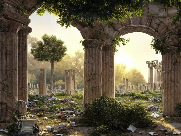 Image similar to a tree growing in ancient greek ruins, gray wasteland, many scrap cars, trash, rubble, overgrown, pillars and arches, flowers, vines, hyperrealistic, highly detailed, cinematic, ray of golden sunlight shining on the tree, beautiful, cgssociety, artstation, 8 k, oil painting by greg rutkowski, by artgerm, by wlop