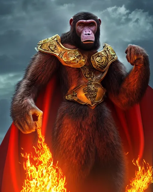 Image similar to fury art, an anthro ape wearing a large cape and a fantasy armor, fire, fiery background, 3 d, 8 k, extremely detailed, trending on furaffinity, trending on artstation, award winning, sharp focus, illustration