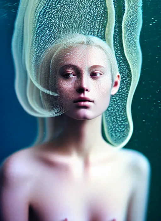 Prompt: Kodak Portra 400, 8K, soft light, volumetric lighting, highly detailed, britt marling style 3/4 , portrait photography of a beautiful woman by Giovanni Gastel, face merging with jellyfishes, symbolic metamorphosis complex 3d render , 150 mm lens, art nouveau fashion embroidered,bust with intricate underwaters details, elegant, hyper realistic, ultra detailed, octane render, underwater soft colours, emotionally evoking, head in focus, fantasy, elegant, soft light, volumetric lighting, highly detailed, Refined, Highly Detailed, soft pastel lighting colors scheme, fine art photography, Hyper realistic, photo realistic