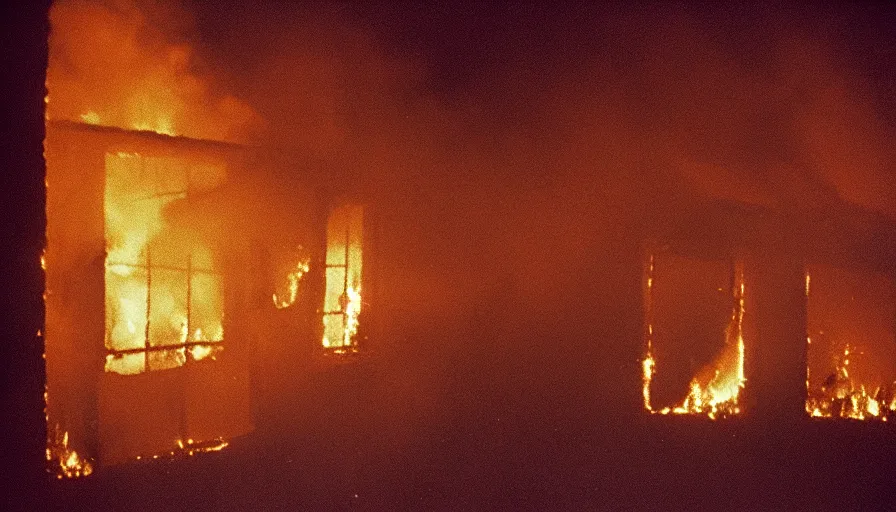 Prompt: 1 9 7 0 s movie still of a burning house windows in a small french village by night, cinestill 8 0 0 t 3 5 mm, heavy grain, high quality, high detail, dramatic light, anamorphic, flares