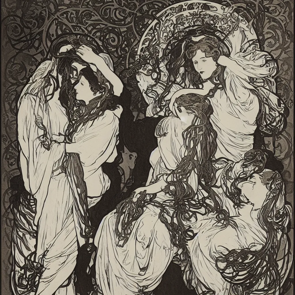 Prompt: monochromatic engraving by alphonse mucha and gustave klint